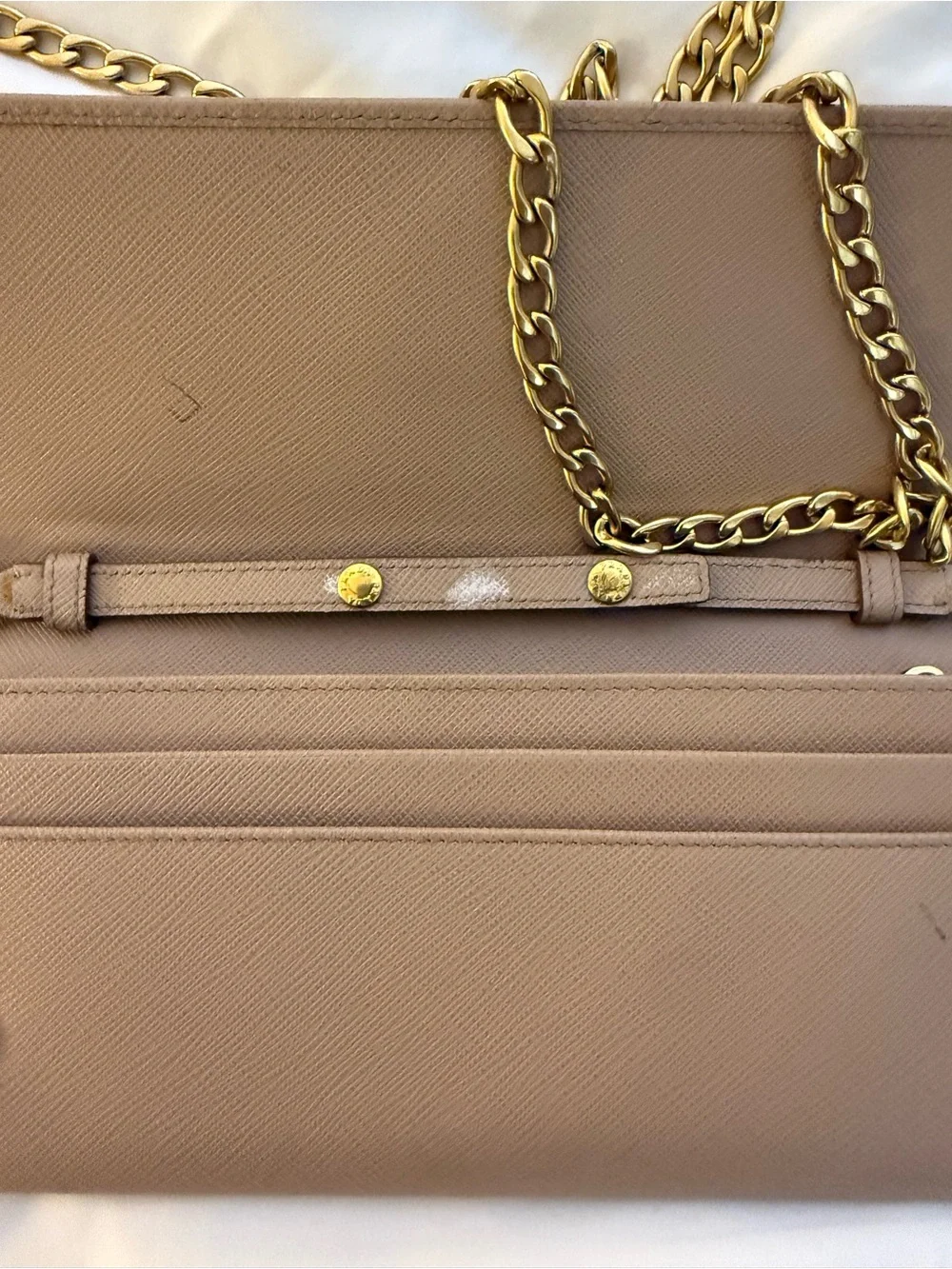 Prada Taupe Saffiano Chain Wallet with Gold Hardware